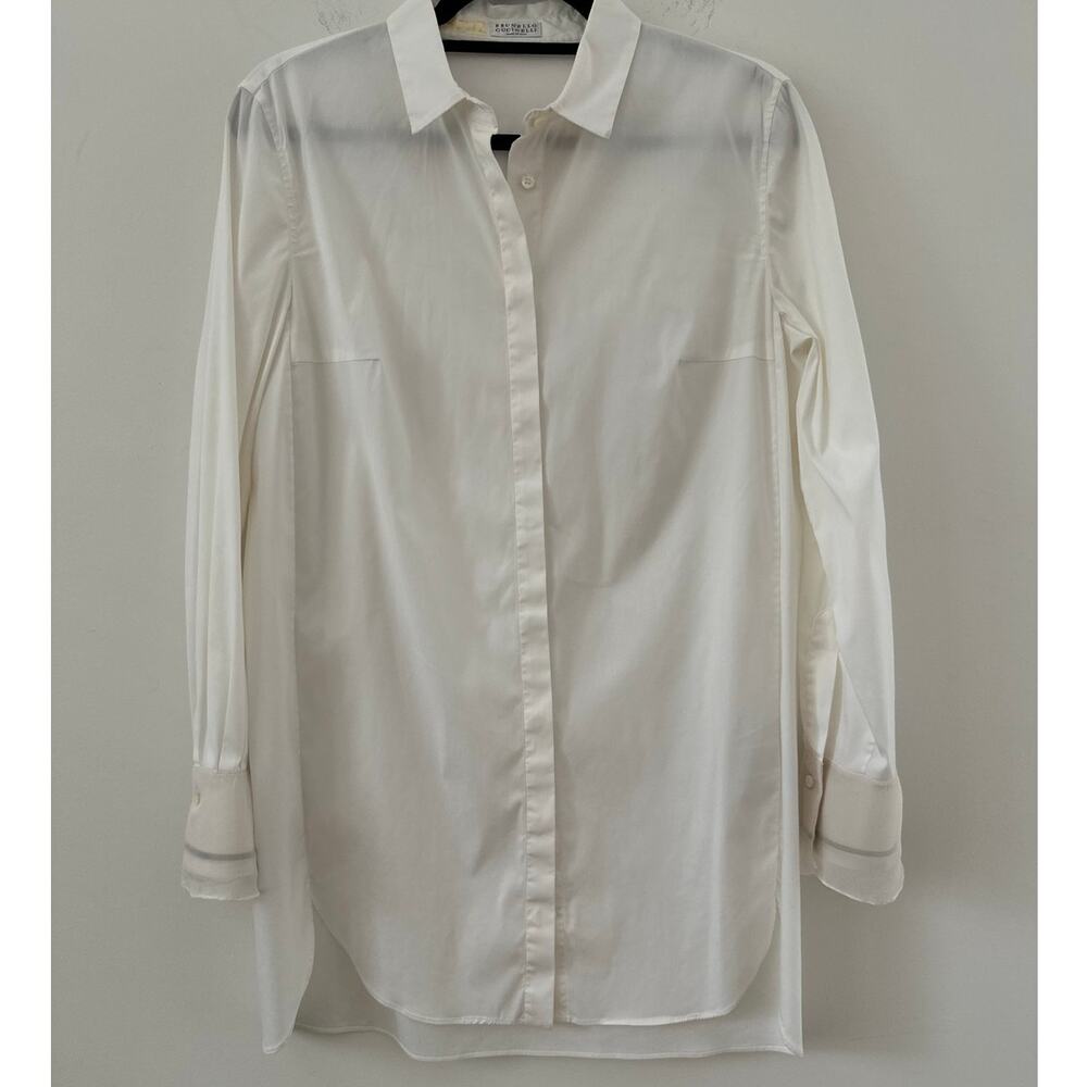 Brunello Cucinelli Cotton Button-Up Shirt Women's XL White Rhinestone Sleeve